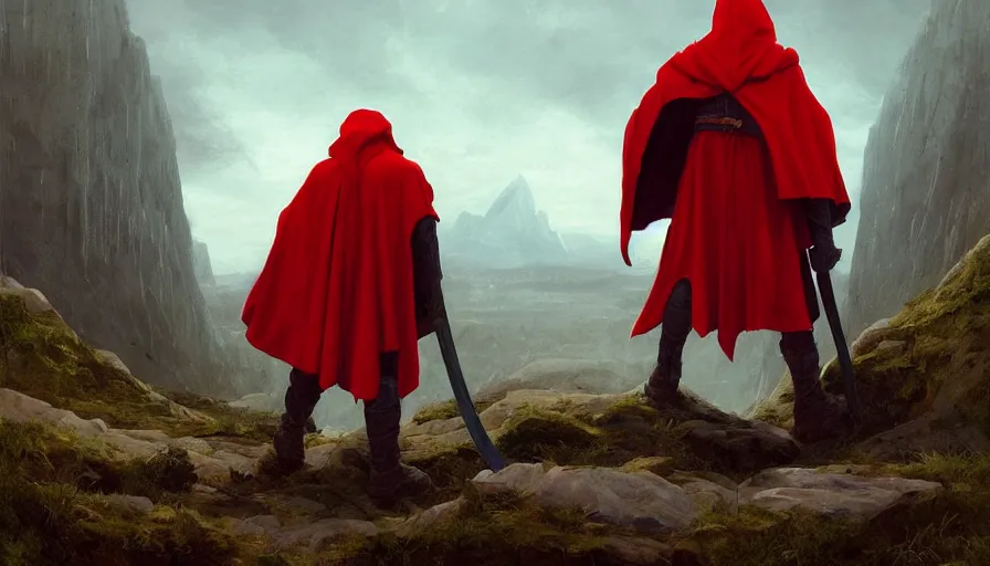 Image similar to view from the back warrior holding two swords, full body worn out damaged cape, red hoodie, worn out clothes, by caspar david friedrich by james gilleard and justin gerard, artstation, smooth, sharp focus, by jean baptiste, octane render