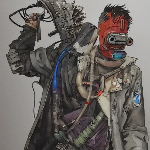 Image similar to watercolor of a cyberpunk mechanic, realistic, detailed, Industrial Scifi, in the style of Ashley Wood and Moebius