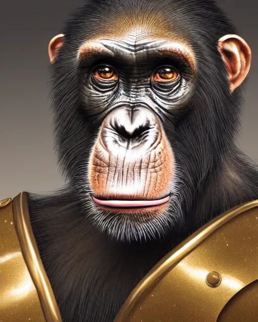 Image similar to very detailed high resolution illustration portrait of a chimpanzee wearing armor, backlit, stars, night, surrounded, 3 d, 8 k, extremely detailed, artstation, award winning