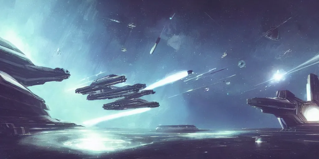Prompt: “two giant space frigate spaceships shooting at each other with giant Uranus in the background, space battle, concept art, style of John Harris”