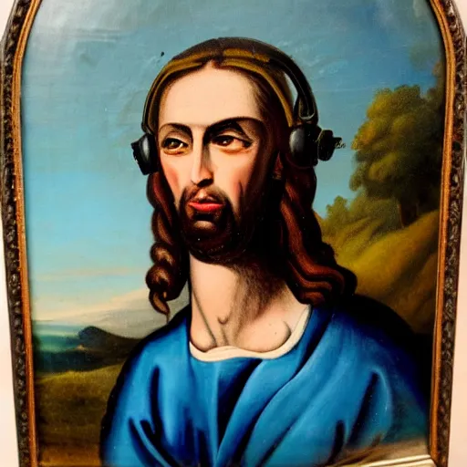 Prompt: 18th century painting of angry looking Jesus with a headset on holding a xbox controller