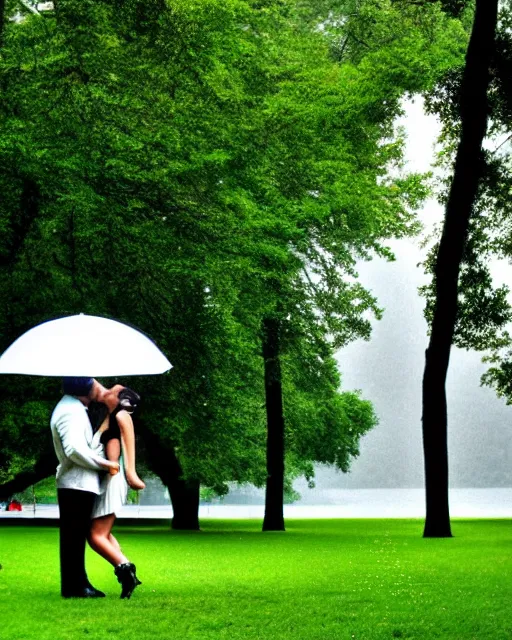 Image similar to raindrops, rain, square, park, lake, man and woman under a black umbrella, trees, kiss, paths, lake.