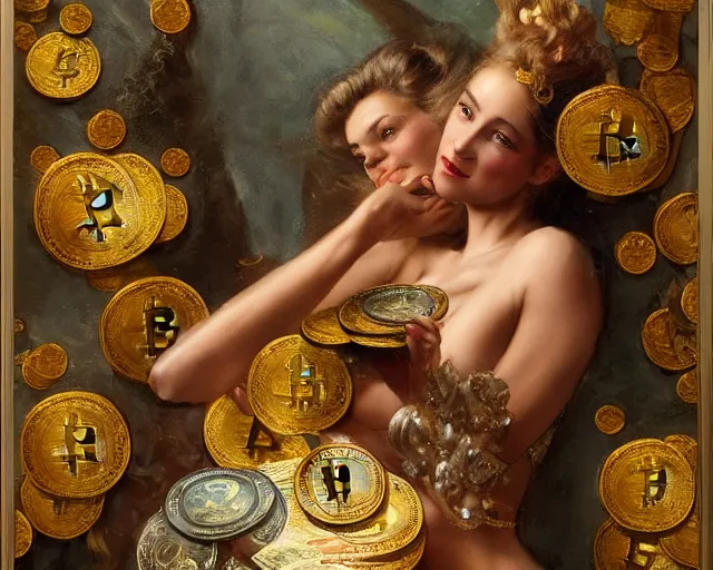 Image similar to attractive woman holding a golden bitcoin, commercial by annie liebovitz, gaston bussiere, craig mullins, j. c. leyendecker