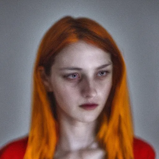 Image similar to a photo of a young woman. moody and melanchonic. red, yellow