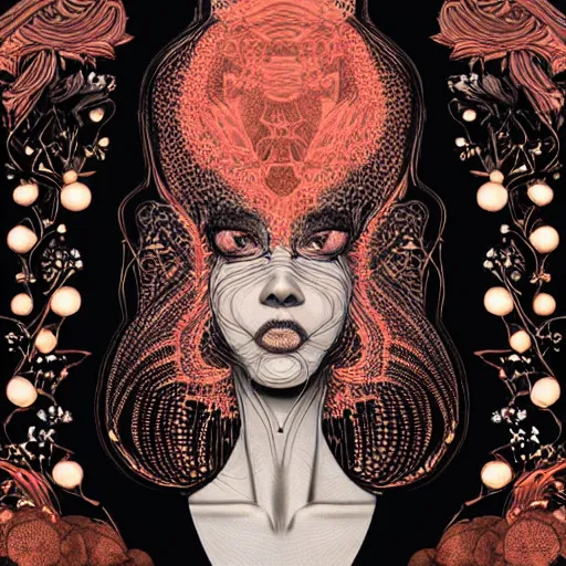 Image similar to the portrait of an absurdly beautiful, graceful, elegant, and sophisticated young black woman made of garlic bulbs, an ultrafine detailed illustration by james jean, intricate linework, bright colors, final fantasy, behance contest winner, vanitas, angular, altermodern, unreal engine 5 highly rendered, global illumination, radiant light, detailed and intricate environment