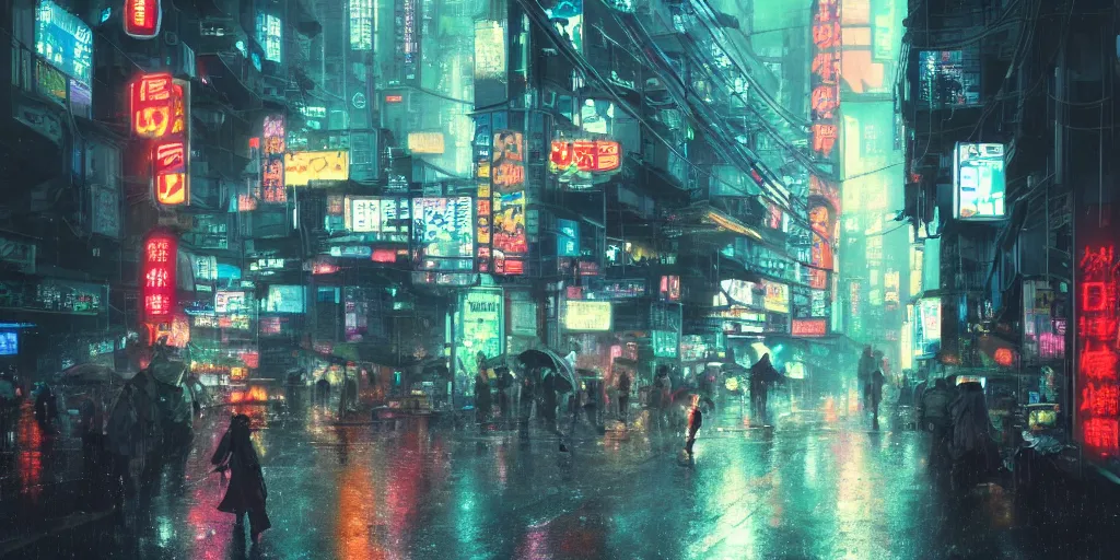 Prompt: Scene of a japanese cyberpunk city in the rain during midnight, neon glow, 4k, cozy wallpaper, trending on Artstation, award-winning, art by Greg Rutkowski