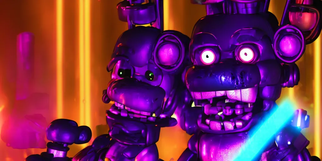 Image similar to fnaf freddy, cyberpunk, rgb, neon, hd, cinematic,