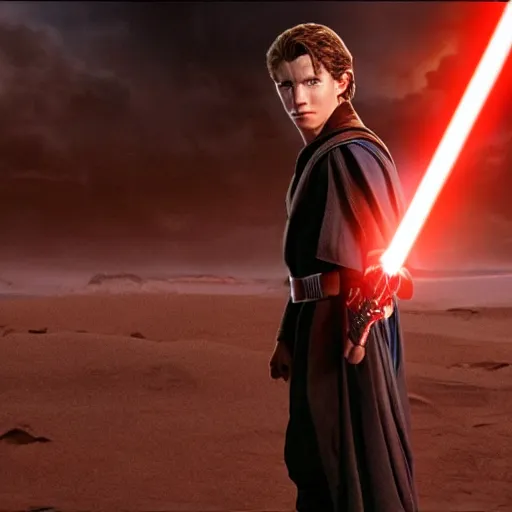 Image similar to tom holland plays anakin skywalker in the live action remake of star wars revenge of the sith, 3 5 mm photography, highly detailed, cinematic lighting, standing pose, holding a lightsaber, tatooine in the background, 4 k