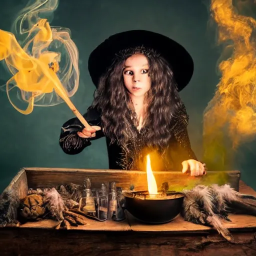 Image similar to owl, teen witch mixing a spell in a cauldron, wispy smoke, witch hat, studio photography, green glowing smoke is coming out of the cauldron, ingredients on the table, unorganized apothecary shelves in the background