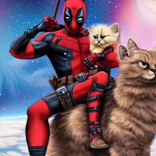 Image similar to deadpool riding on fluffy cat in space