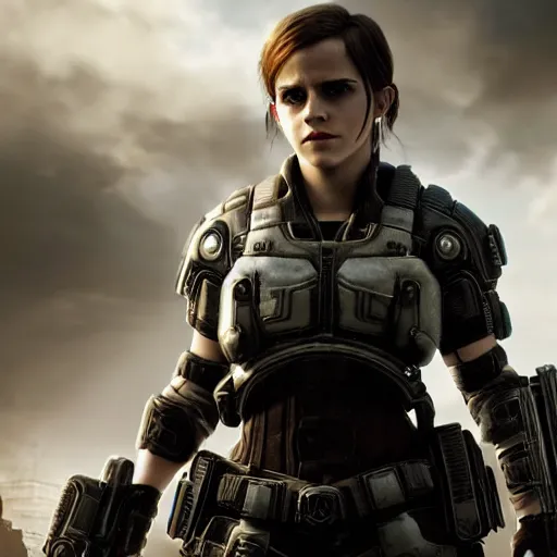 Image similar to emma watson in gears of war, splash art, movie still, cinematic lighting, dramatic, octane render, long lens, shallow depth of field, bokeh, anamorphic lens flare, 8 k, hyper detailed, 3 5 mm film grain