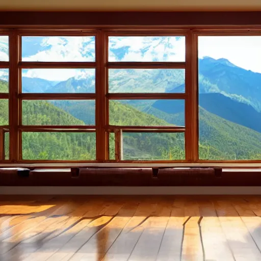 Prompt: wooden room with yoga mat and panelled windows with view of mountain