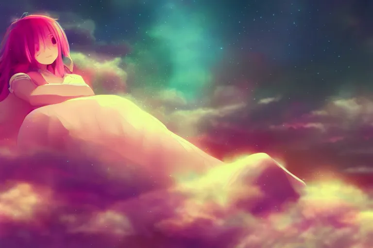 Image similar to a cute anime girl sleeping on a cloud, misty, glows, digital art, hazy, foggy, ambient lighting, 8 k, neon, synthwave,