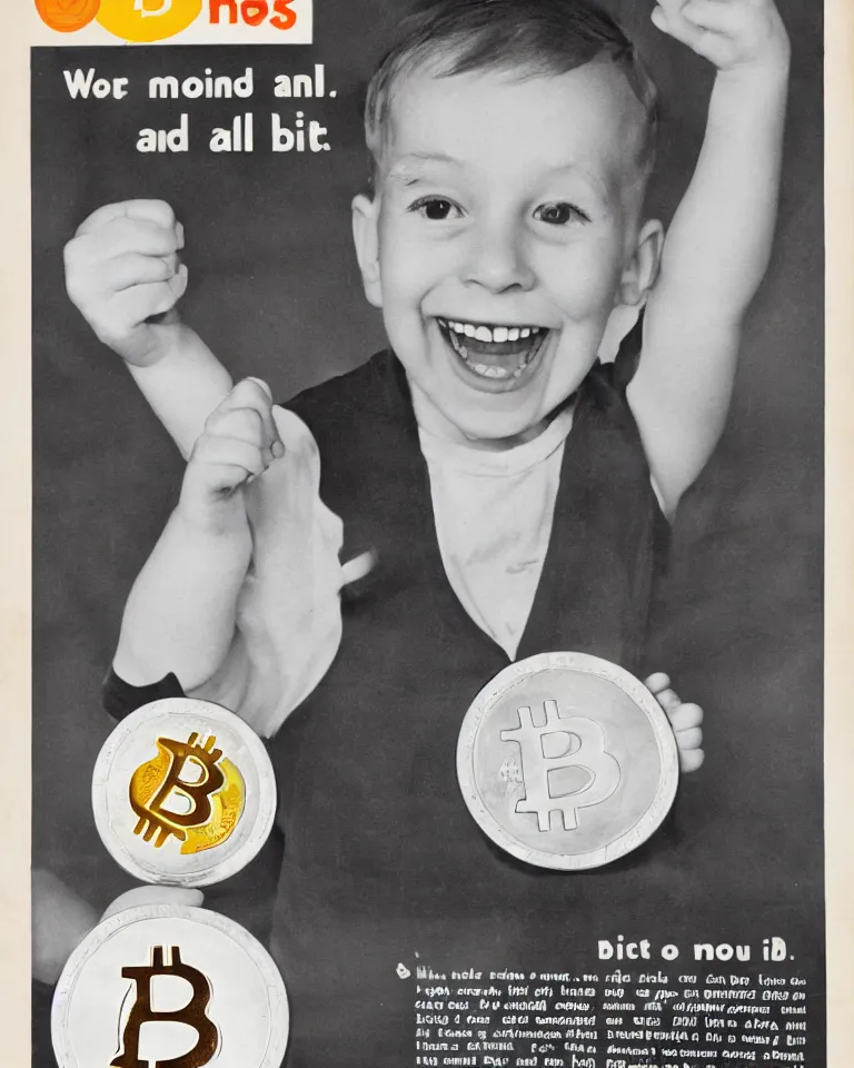 Image similar to 1950s advertisement with a smiling happy toddler boy holding up a coin with the Bitcoin logo using both hands, casual clothing, clear happy smiling face, highly detailed realistic