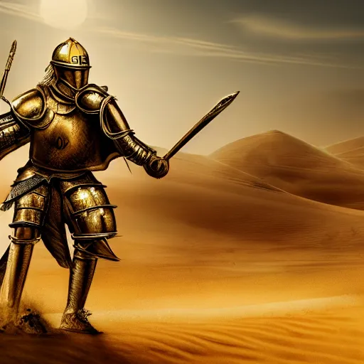 Image similar to the king of the Desert in Battle, Knight with a golden helmet and a Silver Armour, dust and blood in the air, close to defeat, Dramatic Scene, Heroic Battle Scene, dark, intricate, cinematic lighting, highly detailed, digital art, trending on Artstation, 8k, photorealistic