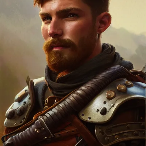 Image similar to portrait of a young rugged ranger, muscular, upper body, leather armor vest, D&D, fantasy, intricate, cinematic lighting, highly detailed, digital painting, artstation, concept art, smooth, sharp focus, illustration, art by Artgerm and Greg Rutkowski and Alphonse Mucha