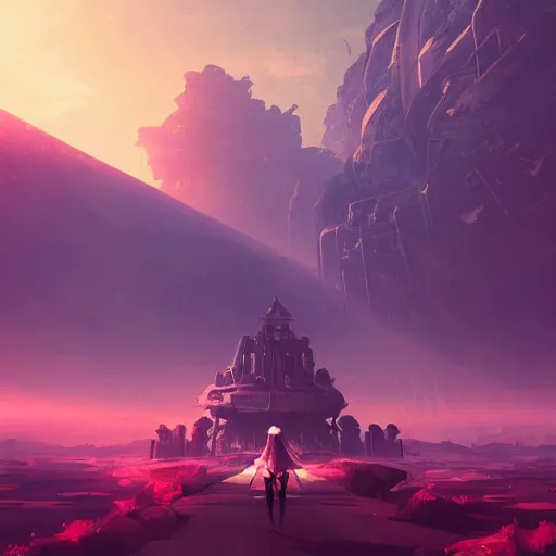 Prompt: beautiful landscape, nier automata, protoss temple!!!, machine planet, pink sun, advanced technology, cinematic lighting, highly detailed, masterpiece, art by bastien grivet