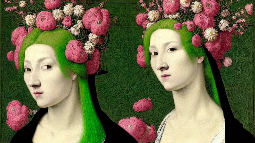 Prompt: portrait of a woman with neon green hair, wearing a black hoodie, standing in a garden full of flowers, intricate details, high detail, in a renaissance style, super-flat, in the style of Jean Auguste Dominique Ingres, James Jean, punk, Asian art,