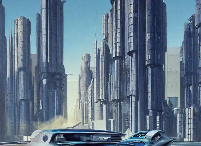 Image similar to a car driving down a street next to tall buildings, cyberpunk art by Chesley Bonestell, cgsociety, retrofuturism, matte painting, reimagined by industrial light and magic