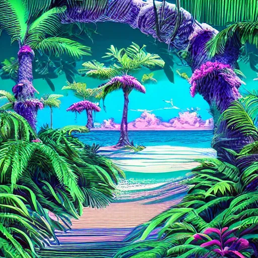 Image similar to vaporwave jungle on nebula beach