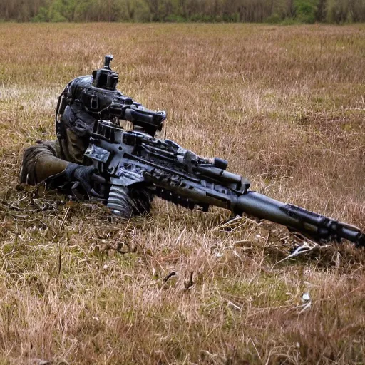 Prompt: cinematic shot of Queen Elizabeth II wearing combat armor and holding a rifle in a swamp, 8k, very detailed, very intricate, depth of field,