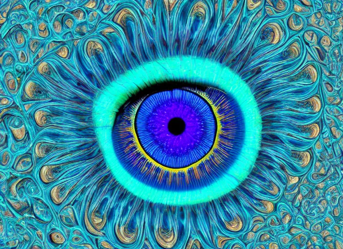 Image similar to macro photo of a eye with big blue and colorful fractal iris , detailed, photorealistic , macro photography