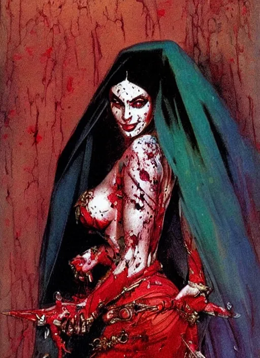 Image similar to portrait of bald iranian vampiress, jeweled veil, strong line, saturated color, beautiful! coherent! by frank frazetta, high contrast, blood splatter background