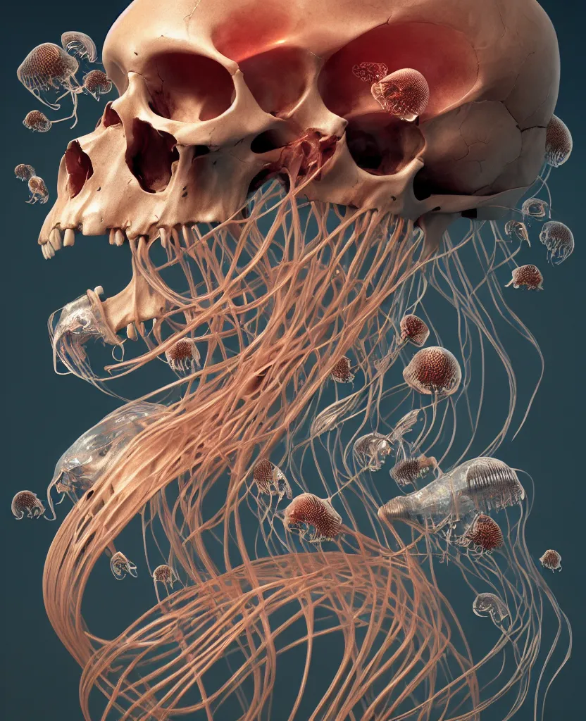 Prompt: composition of human skulls, animals skulls, bones, rib-cage. jellyfish phoenix head, nautilus, orchid, skull, betta fish, bioluminiscent creatures, intricate artwork by Tooth Wu and wlop and beeple. octane render, trending on artstation, greg rutkowski very coherent symmetrical artwork. cinematic, hyper realism, high detail, octane render, 8k