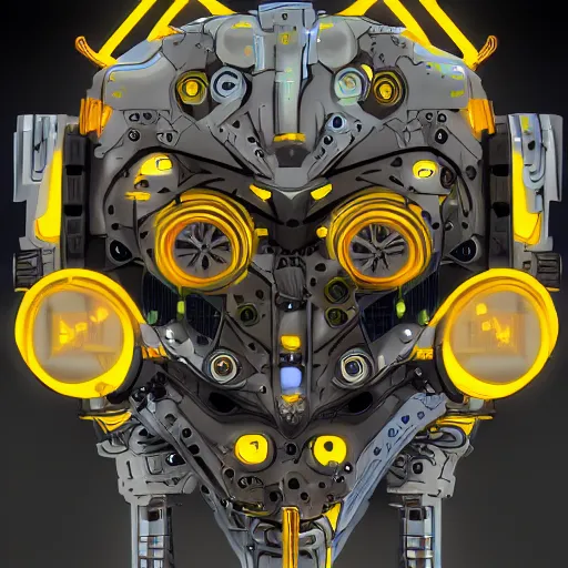 Image similar to a mechanical fox, hydraulic joints, yellow and white construct, stylised cyberpunk, digital fantasy art