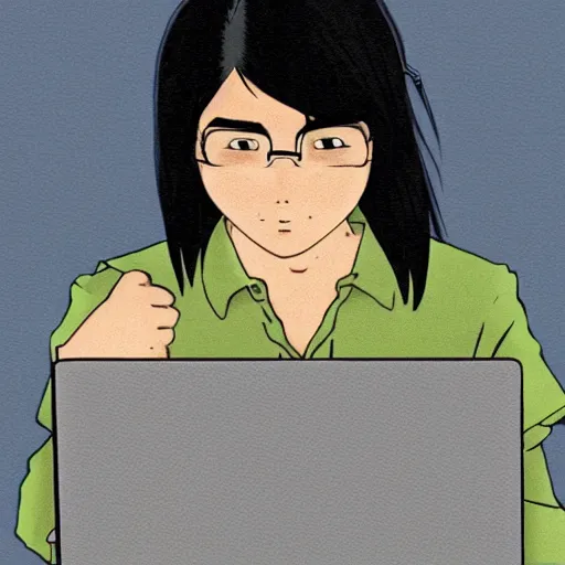 Prompt: young filipino guy with long black hair using a laptop, looking down, art by hayao miyazaki, studio ghibli film, cinematic