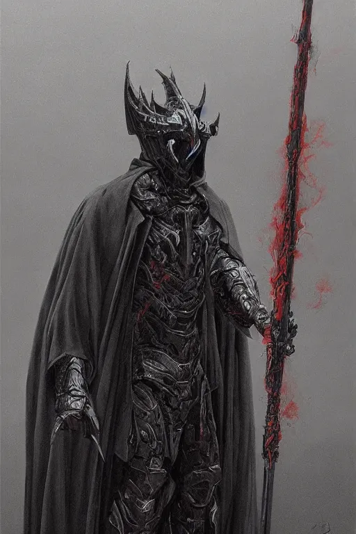 Image similar to Distorted god knight with face of Nicolas Cage in dark robe with a giant reaper scythe, dark fantasy, intricate, highly detailed, smooth, artstation, painted by Wayne Barlowe, zdislav beksinski, Francis Bacon