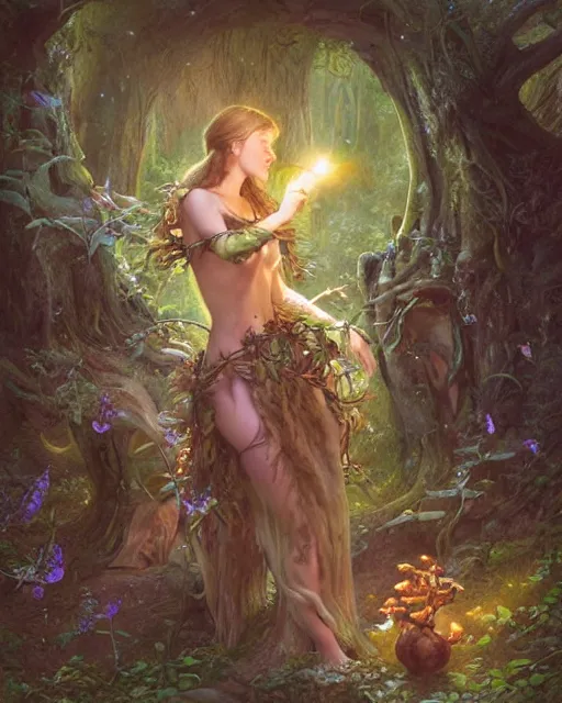 Image similar to dryad musician, portrait, with forest creatures, studio lighting by jessica rossier and brian froud and gaston bussiere