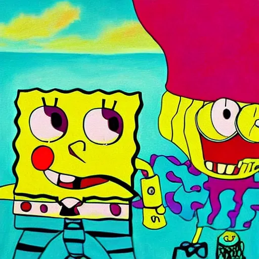 Image similar to detailed surrealist painting of spongebob and patrick, in the style of salvador dali