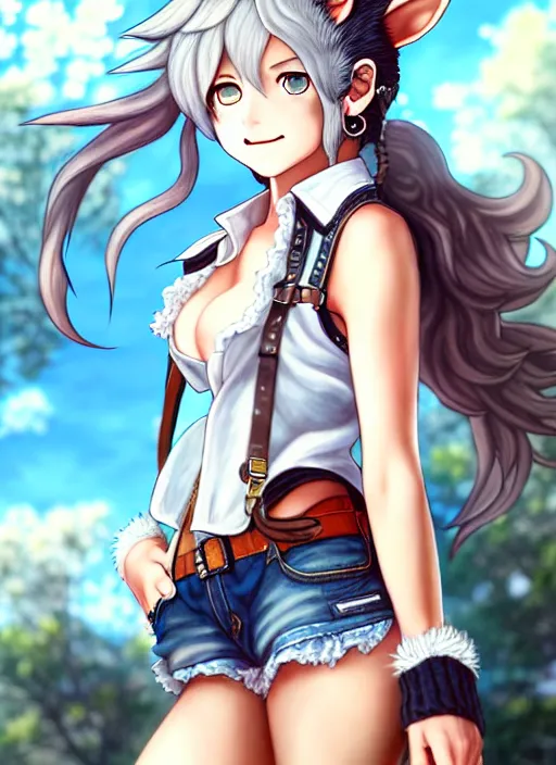 Image similar to a portrait of catgirl wearing white vest, and denim shorts an ultrafine detailed painting, detailed painting, beatyfull eyes, octopath traveler