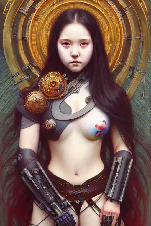 Prompt: full body painting of olivia hye loona cyberpunk samurai smiling, ultra realistic, concept art, intricate details, eerie, highly detailed, photorealistic, octane render, 8 k, unreal engine. art by artgerm and greg rutkowski and magali villeneuve and alphonse mucha