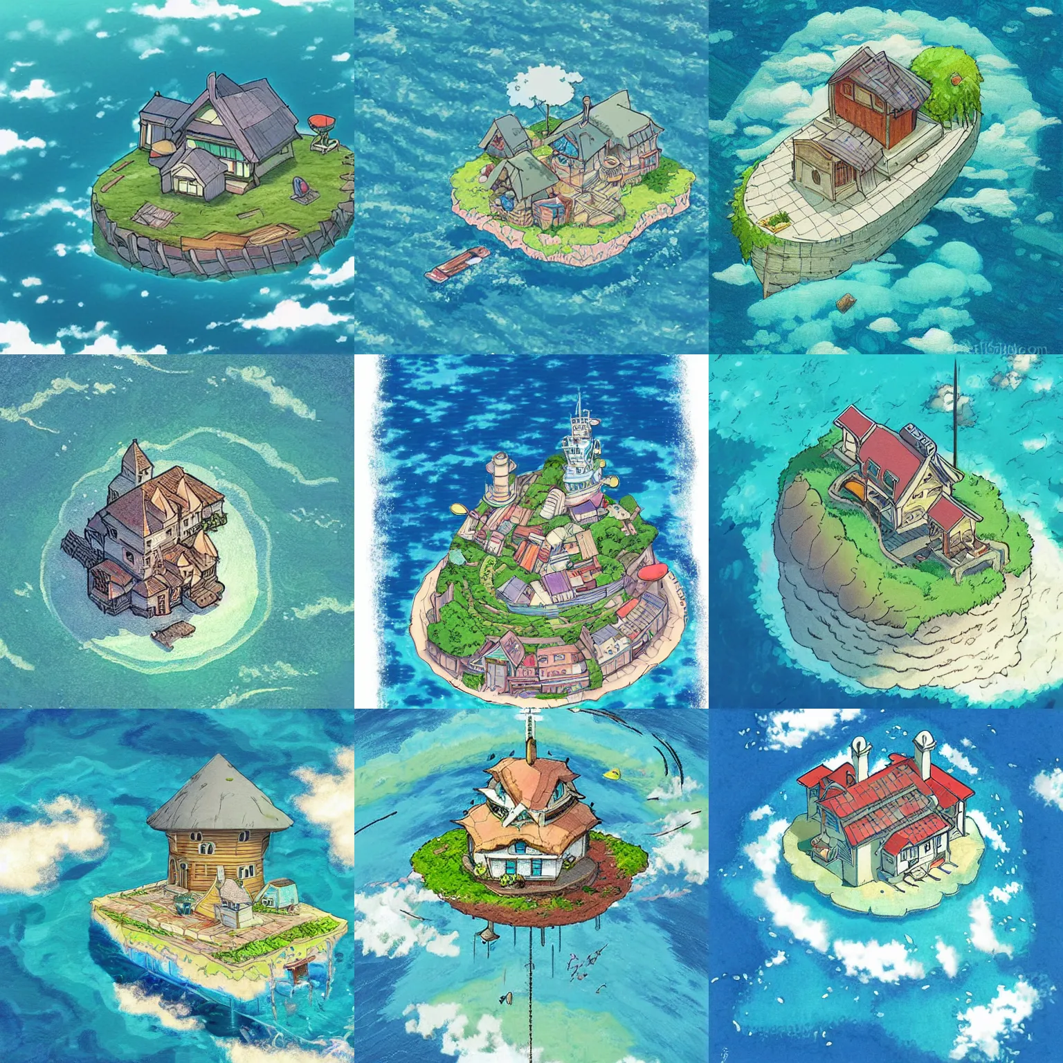 Prompt: little house in the middle of the sea, anime style, aerial view, art by studio ghibli