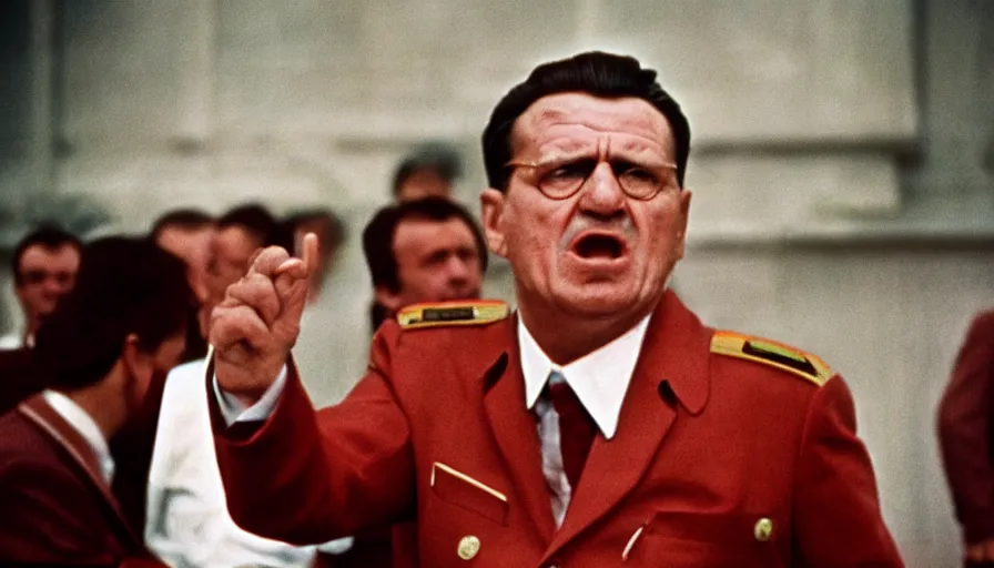 Prompt: 60s movie still close portrait of Josip Broz Tito yelling loud at the soviet congress, cinestill 800t 120mm eastmancolor, cinematic, very detailed, skin texture, high quality