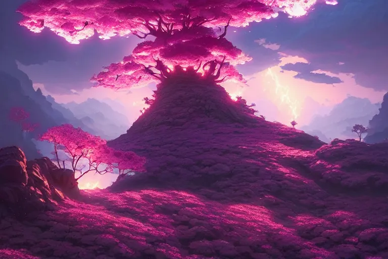 Prompt: lava, purple cherry blossoms, cumulonimbus, unreal engine, fantasy art by greg rutkowski, loish, rhads, ferdinand knab, makoto shinkai and lois van baarle, ilya kuvshinov, rossdraws, tom bagshaw, global illumination, radiant light, detailed and intricate environment