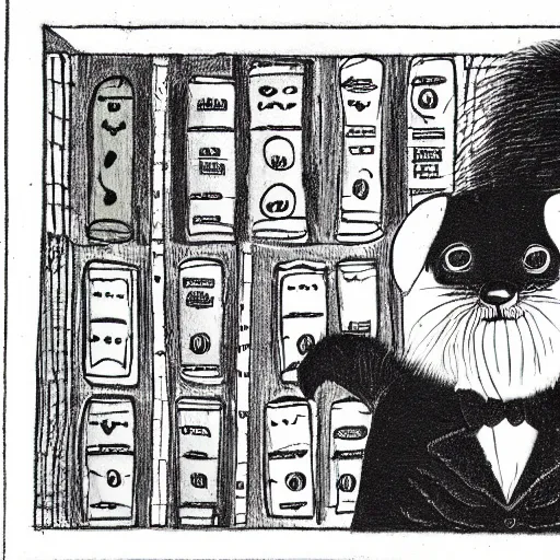 Prompt: a full portrait of a jaunty ferret with a monocle by edward gorey