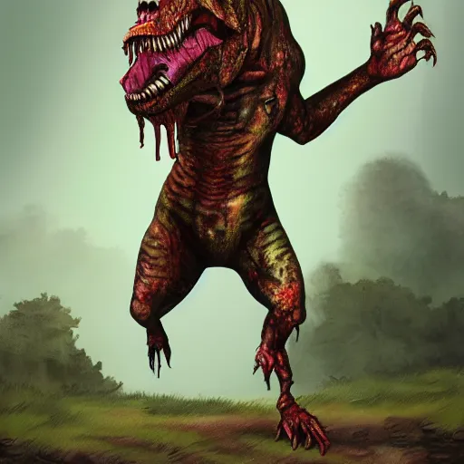 Image similar to an illustration of the full body of a zombie anthromorphic t-rex, matte painting, digital art, fantasy art-C 18.0