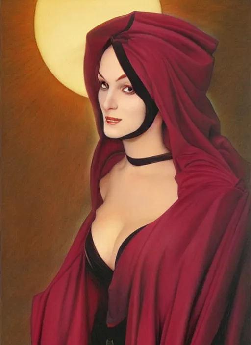 Image similar to portrait of plump norse goddess of the moon, maroon and black robe and veil, strong line, deep color, beautiful! coherent! by boris vallejo