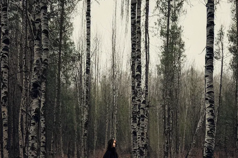 Prompt: a woman with dark, long hair, wearing a black lace dress, side view, standing at the edge of a dense forest of birch and aspen trees, cinematic lighting, film, overcast weather, dawn, jeremy lipking, jeremy mann, nick alm