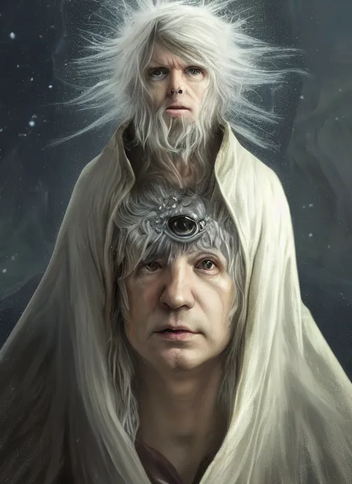 Prompt: Portrait of Kevin Rudd, white glowing eyes, silver shaggy hair, cloak, ethereal wings, male, fantasy, extremely detailed, digital painting, artstation, concept art, smooth, sharp focus, illustration, stunning lighting, art by artgerm and greg rutkowski and alphonse mucha and simon stalenhag, realistic character concept, high fantasy, light atmosphere, golden ratio, cinematic lighting, hyperdetailed, high resolution, insanely detailed and intricate, artstation, Marc Simonetti, Greg Rutkowski, 8k