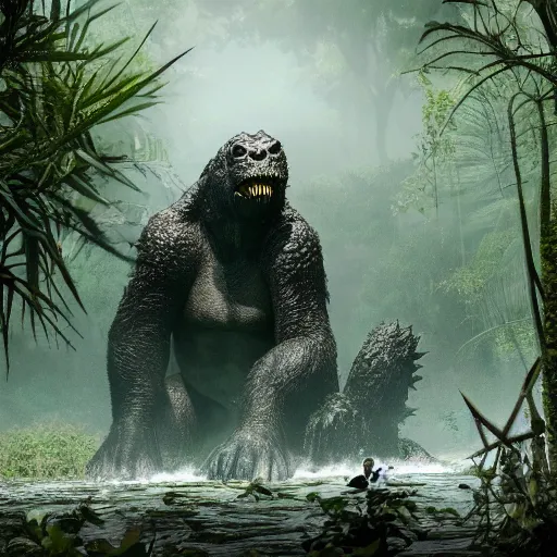 Image similar to A photograph of a giant monster lurking in the swamp, crocodile, mangrove swamp, murky water, vines, gorilla, trending on artstation, ((tiger)), Godzilla