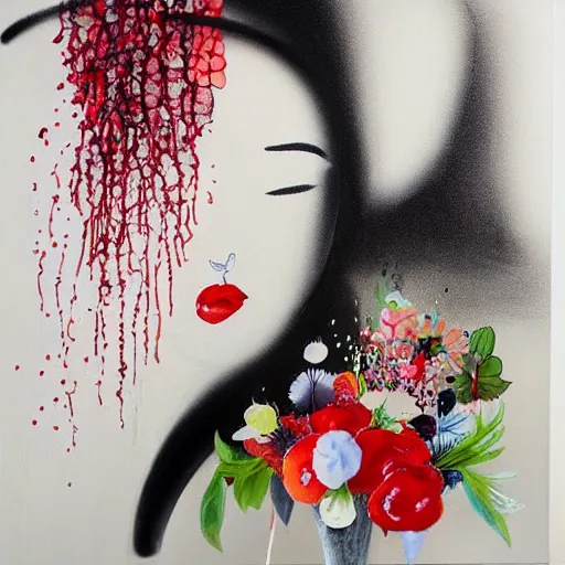 Image similar to “art in an Australian artist’s apartment, portrait of a depressed woman wearing white silk cloth stained by fresh raspberries and strawberries and blueberries, white wax, edible flowers, Japanese pottery, Australian native white and red flowers ikebana, black walls, acrylic and spray paint and oilstick on canvas”