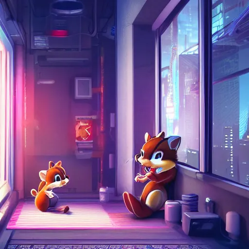 Prompt: Chip and Dale chipmunks in the apartment room in a cyberpunk city, soft god rays from city lights outside the window, unreal engine 5, soft neon atmosphere, photorealistic, soothing colors, somber melancholic matte painting, hyperrealism, hyperrealistic, cinematic masterpiece, cyberpunk style 8k ultrahd octane render
