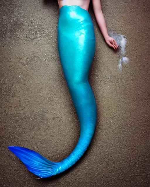 Prompt: hyper realistic fashion photography of a beautiful mermaid with a beautiful blue tail