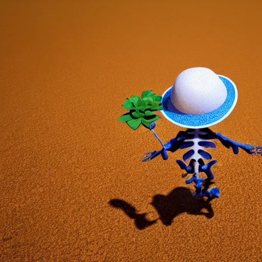 Prompt: 3 d render, skeleton, wearing a sun hat with a flower in it, walking in a desert, hd