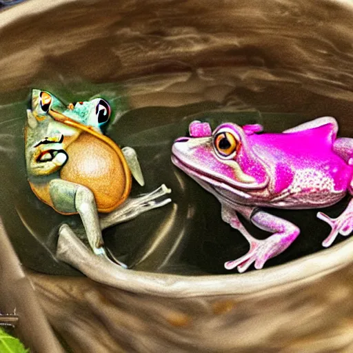 Prompt: highly detailed pink frogs in a cooking pot beneath a tree, realistic,