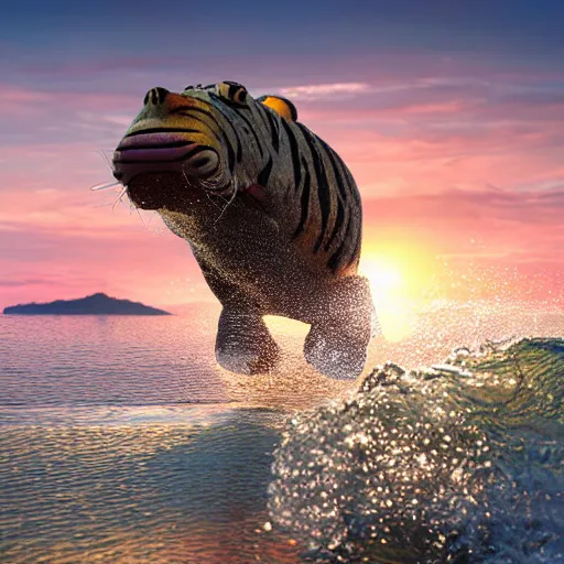 Image similar to a closeup photorealistic photograph of a cute smiling knitted tiger hippopotamus chasing after beachballs during sunset. surf in background. professional capture. this 4 k hd image is trending on artstation, featured on behance, well - rendered, extra crisp, features intricate detail, epic composition and the style of unreal engine.